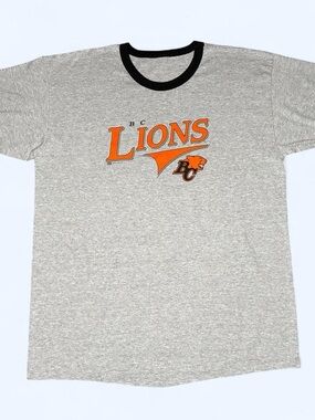 Vintage BC Lions Bulletin Athletic Ringer T-Shirt CFL Grey Orange Football Tee